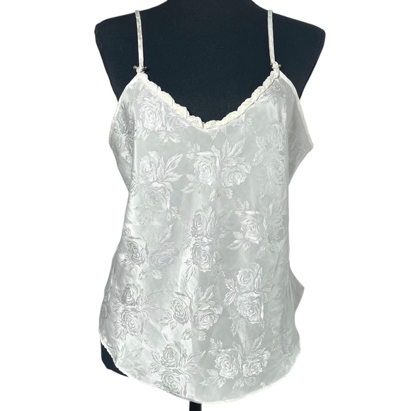 Tops - Vintage Cami Top Ivory Floral Embossed‎ Mini Flowers Ruffle Detail Coquette M/L